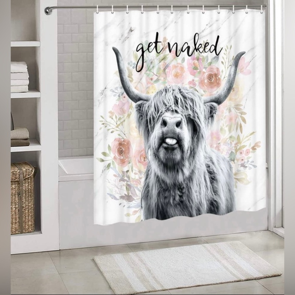NEW Get Naked Highland Cow Rustic Farmhouse Floral Shower Curtain l 69” x 72”